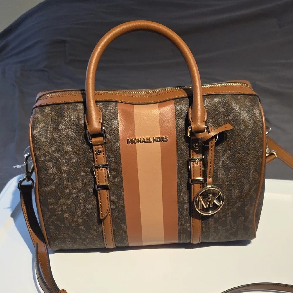 Michael Kors Brown and Tan Striped Satchel with Matching Wallet - Picture 5 of 15